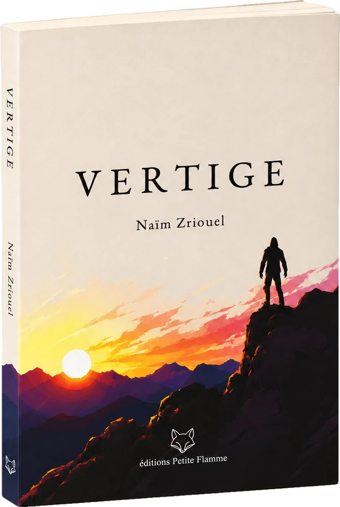 Couverture du livre-album Vertige de Naïm Zriouel, éditions Petite Flamme : un homme debout sur un rocher face au soleil couchant